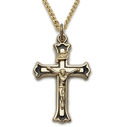 True Faith Jewelry Sterling Silver 14k Gold Plated Crucifix with Black Enameled Border on 18" Chain