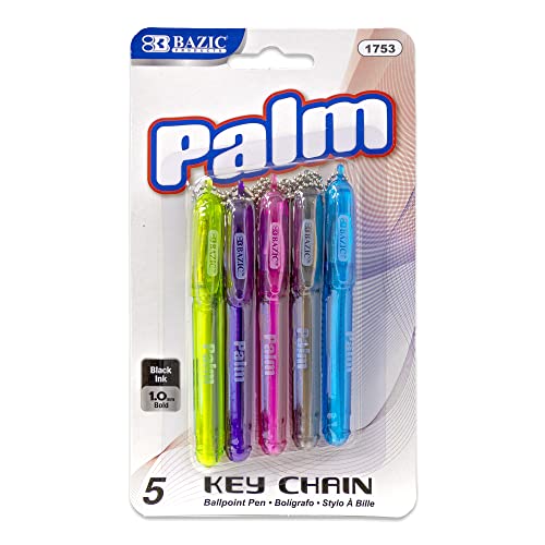 BAZIC Palm Mini Ballpoint Pen w/Key Ring, Roller Pens Medium Point 1.0mm, Small Size - Black Ink (6/Pack), 1-Pack