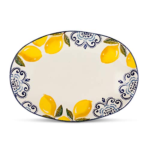 Abbott Collection  Home 67-SORRENTO-037 Lemon Print Large Oval Platter, White/Yellow