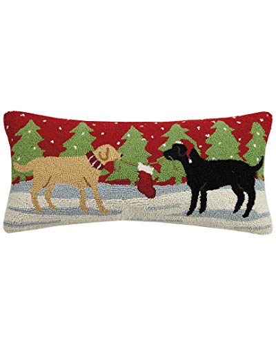 Peking Handicraft Tug of War Alpine Christmas Labs - 12" x 26" Hooked Wool Pillow