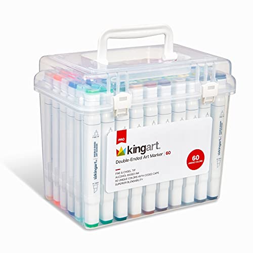 KINGART PRO Double-Ended Sketch Markers, Chisel & Fine Tip, Alcohol-Based Ink, Storage Case, Set of 60 Unique Colors