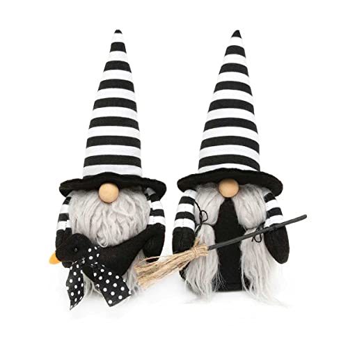 MeraVic Witchcraft Gnome Couple Black and White Stripes with Wood Nose, Grey Pigtails and Beard and Broom and Crow, 10 Inches, Set of 2 - Halloween Decoration