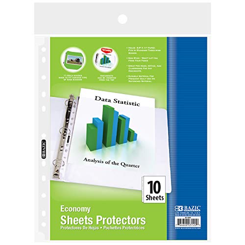 BAZIC Sheet Protectors Economy, Fit 8.5x11 Inch Paper, 11 Hole Clear Plastic Sleeves Ring Binder Sheets, Archival Safe (10/Pack), 1-Pack