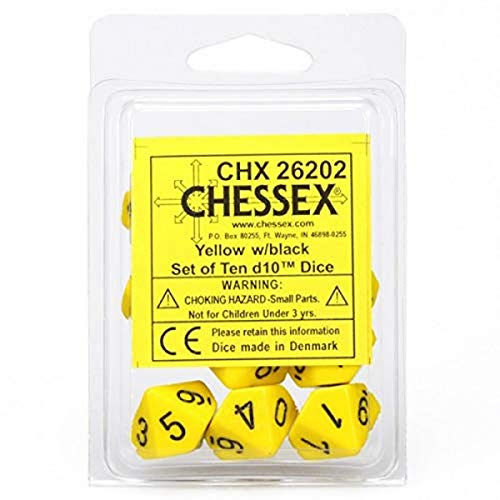 Chessex Dice Sets: Opaque Yellow with Black - Ten Sided Die d10 Set (10)