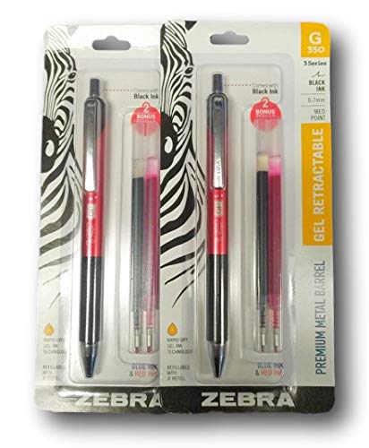 Zebra Pen G-350 Gel RT Retractable Pens, 0.7mm Medium Point, Crimson Red, Black Ink, 2 Refills (40311)