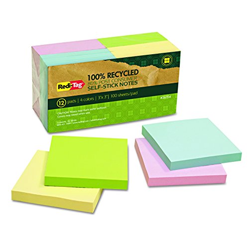Redi-Tag 26704 100% Recycled Notes, 3 x 3, Four Colors, 100-Sheet Pad (Pack of 12 Pads)