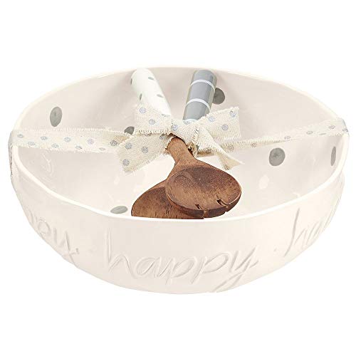 Mud Pie Happy Serving Bowl Set of 2, bowl 4.5 inches x 12 inches diameter | servers 11.5 inches,White