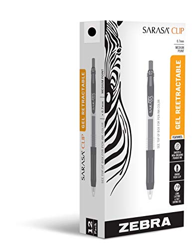 Zebra Pen Sarasa Retractable Gel Ink Pens, Medium Point, 0.7mm, Black Ink, 12-Pack