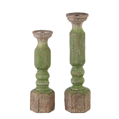 RAZ Imports 2022 Cozy Christmas 19.25" Green Wood Embossed Candle Holder, Set of 2