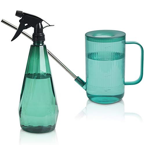 T4U 1L Watering Can Long Spout Plastic, Stainless Steel Spout Water Can with Fine Mist Spray Bottle for Indoor Outdoor Use, Modern Water Sprayer Bottle with Handle for Gardening and Cleaning (Green)