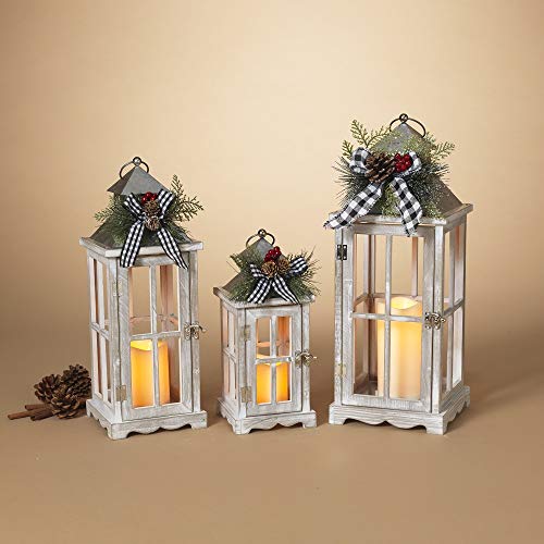 Gerson 2601450 Set of 3 Battery Operated Lighted Metal and Wood Holiday Lanterns with LED Candle and Floral Accent 18.7" H