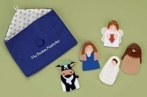 Roman Exclusive 5-Piece Nativity Finger Puppets with Mary, Joseph, Baby, Angel and a Cow and a Storage Pouch Embroidered with My Pocket