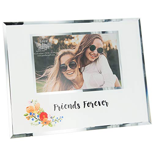 Pavilion Gift Company Friends Forever - 9.25x7.25 Inch Mirrored Glass Floral Easel Back Picture Frame, White