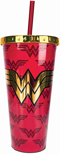 Spoontiques 21601 Wonder Woman Foil Cup w/Straw, 20 ounces, Red