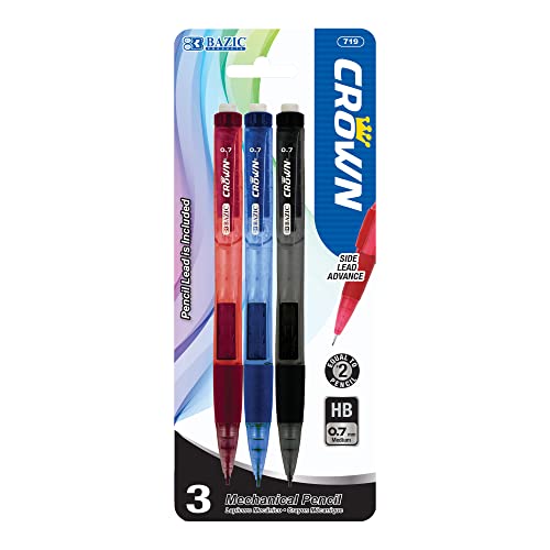 BAZIC Crown 0.7 mm Mechanical Pencil, Soft Grip Smooth Writing Pencils Lead, Latex Free Eraser (3/Pack), 1-Pack