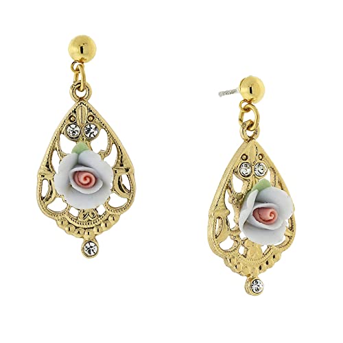1928 Jewelry "Porcelain Rose" Teardrop Filigree Crystal Light Blue Rose Teardrop Earrings