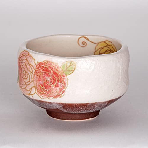 FMC Fuji Merchandise Authentic Japanese Traditional Tea Ceremony Ippuku 3.75" Diameter Mini Matcha Bowl Chawan Mino Tea Cup Textured Glaze Floral Design Handcrafted in Japan (Rose)