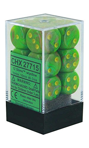 Chessex Dice d6: Vortex Slime w/ Yellow Dice Block - Set of 12