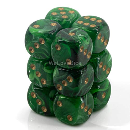 Chessex Dice d6 Sets: Vortex Green with Gold - 16mm Six Sided Die (12) Block of Dice