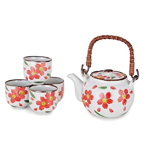 FMC Fuji Merchandise Corp Japanese Style Tea Set Porcelain Tea Pot 22 Fl Oz with Strainer and 4 Cups Set Red Camellia Flower Design