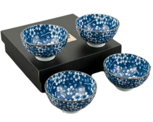 FMC Fuji Merchandise Authentic Japanese Porcelain Small Rice Bowl Set of 4 Nippon Blue Karakusa Kiku Floral Gift Set Made In Japan