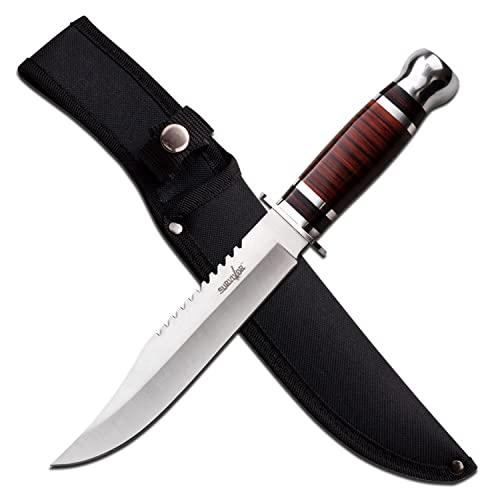 Master Cutlery SURVIVOR - Fixed Blade Knife - 12.25-inches Overall, Satin Finish Clip Point Blade w/Sawback, Brown Wood Handle, Includes Nylon Sheath - HK-782L - Hunting, Camping, Survival - Prep. Survive. Thrive.