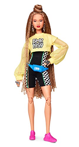 Mattel Barbie BMR1959 Fully Poseable Fashion Doll with Braided Hair, Wearing Bike Shorts Romper and Cropped Sweatshirt, with Accessories and Doll Stand
