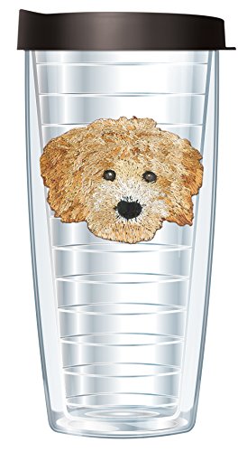 Freeheart Signature Tumblers Golden Doodle Puppy Dog Face Emblem on Clear 16 Ounce Double-Walled Travel Tumbler Mug with Black Easy Sip Lid