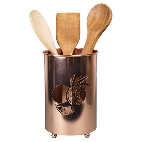 Creative Home Deluxe Plated Metal Cooking Utensil Holder Flatware Tool Crock Kitchen Countertop Organizer, 5" Diam. x 7-1/2" H, Copper Finish