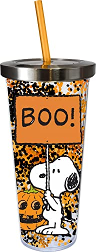 Spoontiques - Glitter Filled Acrylic Tumbler - Glitter Cup with Straw - 20 oz‚Äö√Ñ√ò- Stainless Steel Locking Lid with Straw - Double Wall Insulated - BPA Free - Peanuts Halloween Drinking Cup