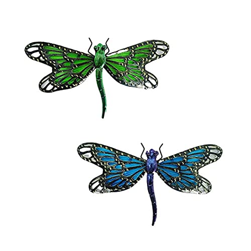 Comfy Hour Travel on Wings Collection Colorful Dragonfly Design Metal Art Wall Decor in Set of 2, Green and Blue