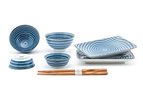 FMC Fuji Merchandise Sendan Tokusa Spiral Design Sushi Dinnerware 6pc Set for Two Including Plate Sauce Bowls and Rice Bowl with Chopsticks Made in Japan