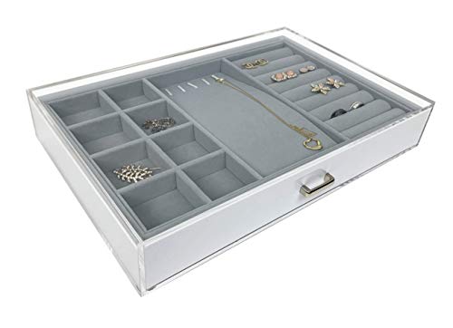 Designstyles Acrylic Jewelry Box - Clear Jewelry Organizer Display Case with Felt Interior - Sliding Storage Drawer with Compartment Boxes, Necklace and Bracelet Pegs, Ring and Earring Holder Row