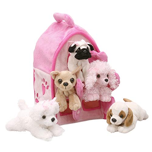 Unipak Plush Pink Dog House with Dogs - Five (5) Stuffed Animal Dogs in Pink Play Dog House Case