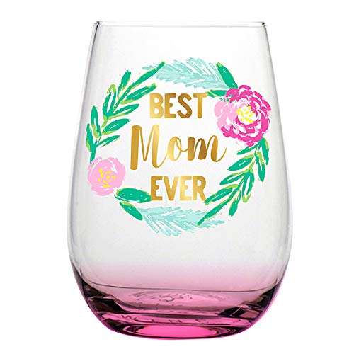 Creative Brands Slant Collections Stemless Wine Glass, 20-Ounce, Best Mom Ever - Pink Floral