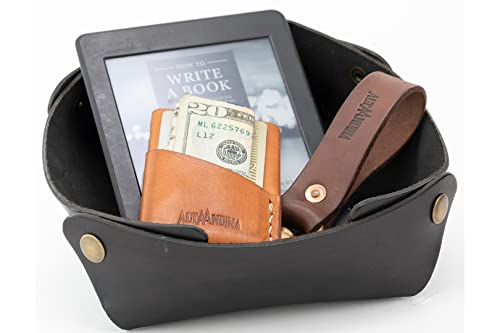 Alta Andina Large Leather Travel Valet Tray | Vegetable Tanned Leather Catchall | Collapsable, Unfolds Flat | Nightstand & Dresser Organizer for Women & Men (Black √ê Noche)