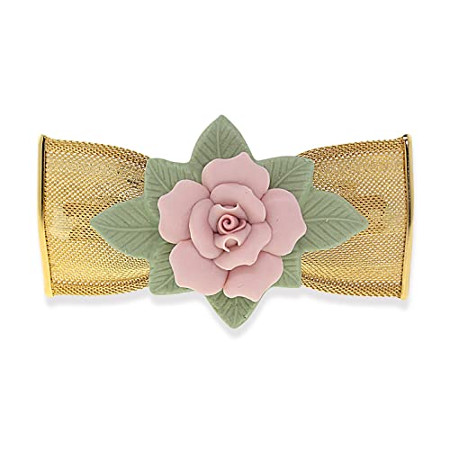 1928 Jewelry Women's Large Pink & Green Porcelain Flower Mesh Bow Hair Barrette, (1 Pcs)