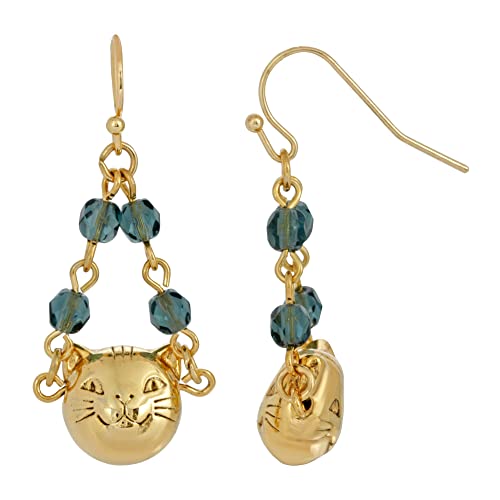 1928 Jewelry 14K Gold Dipped Cat Face With Blue Beaded Chain Drop Wire Earrings