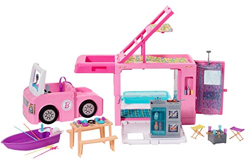 Mattel Barbie 3-in-1 DreamCamper Vehicle, approx. 3-ft, Transforming Camper with Pool, Truck, Boat and 50 Accessories, Makes a Great Gift for 3 to 7 Year Olds