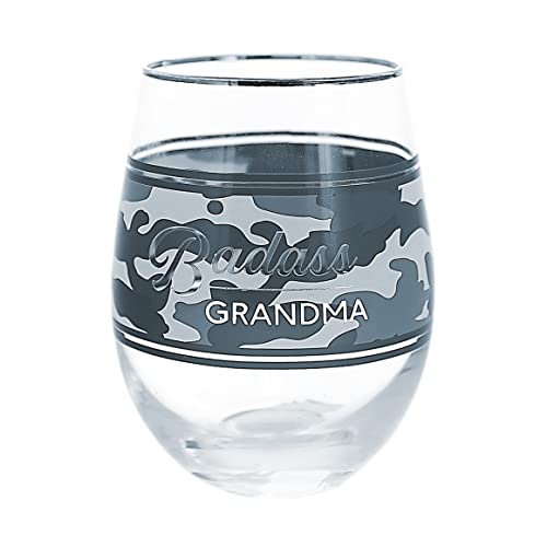 Pavilion Gift Company - Badass Grandma - 18-ounce Gray Camouflage Stemless Wine Glass, Wine Tasting Gifts, Mothers Day Gifts, 1 Count, 2.75 x 2.75 x 4.75 Inches, Gray Camo