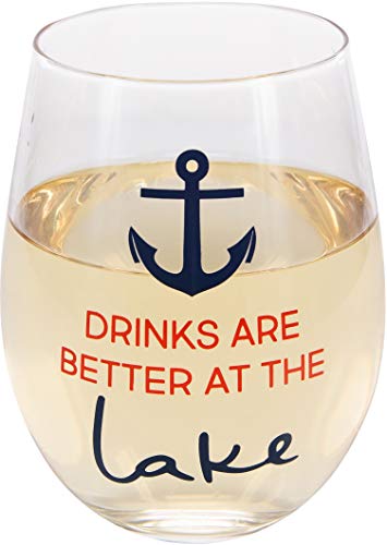 Pavilion Gift Company 18 Oz Stemless Wine Glass Drinks Are Better At The Lake, Blue