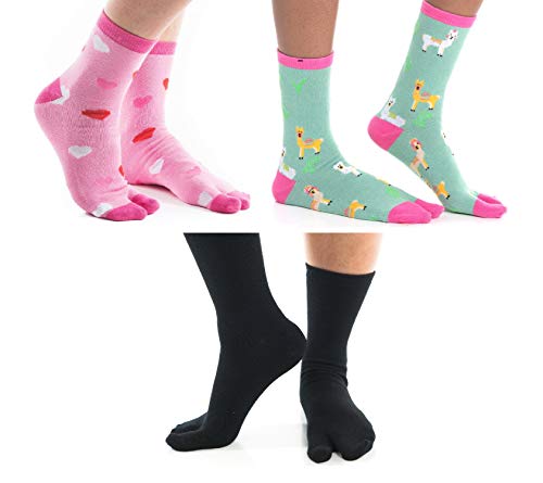 V-Toe Socks Pattern Flip-Flop Socks Novelty Fun Two Toe Tabi Style Fun Hearts, Llamas, Black Solid 3 Pairs
