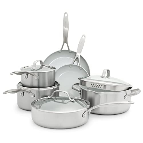 Cookware Company GreenPan CC000018-001 Stainless Steel Venice Pro Ceramic Non-Stick 10Pc Cookware Set, Light Grey