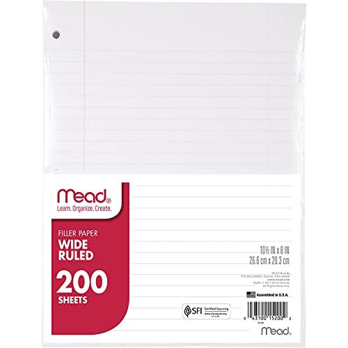 ACCO (School) Mead Loose Leaf Paper, Wide Ruled, 200 Sheets, Standard 10-1/2" x 8", Lined Filler Paper, 3 Hole Punched for 3 Ring Binder, Writing & Office Paper, College, K-12 or Homeschool, 1 Pack (15200) , White