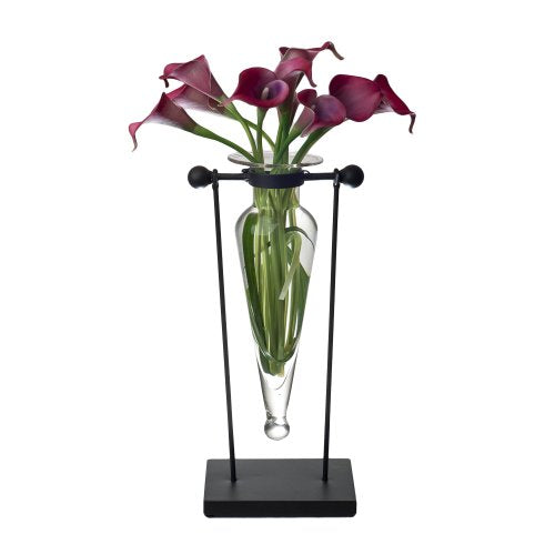 Danya B. Rustic Amphora Glass Flower Vase on Iron Stand with Finials and Hinge, Clear Removeable, Easy to Clean Glass and Iron Stand Makes Great Indoor Decor and Gift