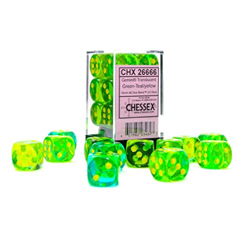 Gemini Dice Block | Set of 12 Size D6 Dice Designed for Board Games, Roleplaying Games and Miniature Games | Premium Quality 16 mm Dice | Translucent Green, Teal and Yellow Color | Made by Chessex