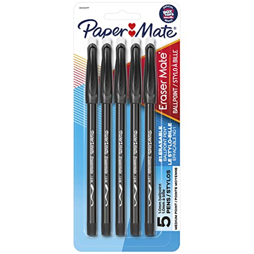 Paper Mate Erasermate Stick Medium Tip Ballpoint Pens, 5 Black Ink Pens (3150458PP)