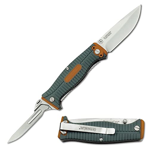 Master Cutlery Outdoor Life Manual Folding Knife - Satin Finish Drop Point Blade w/Replaceable Surgical Blade, Orange/Green Dual Injection Nylon Fiber Handle, Liner Lock - Hunting, Camping, Outdoors ‚Äö√Ñ√¨ OL-FDR002OGN