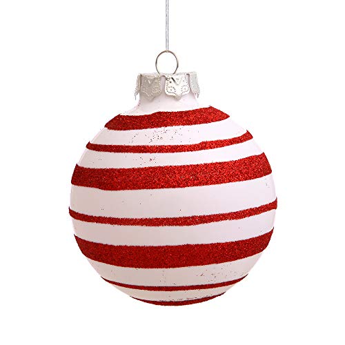 Vickerman 3" White and Red Glitter Stripe Ball Ornament, 4 per Box