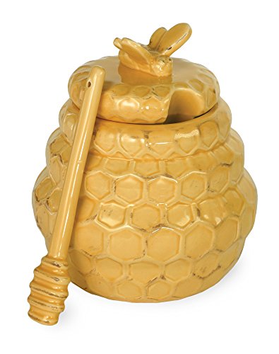 Boston International JC17148 Ceramic Honey Pot & Dipper, 4 x 5.25-Inch, Honeycomb